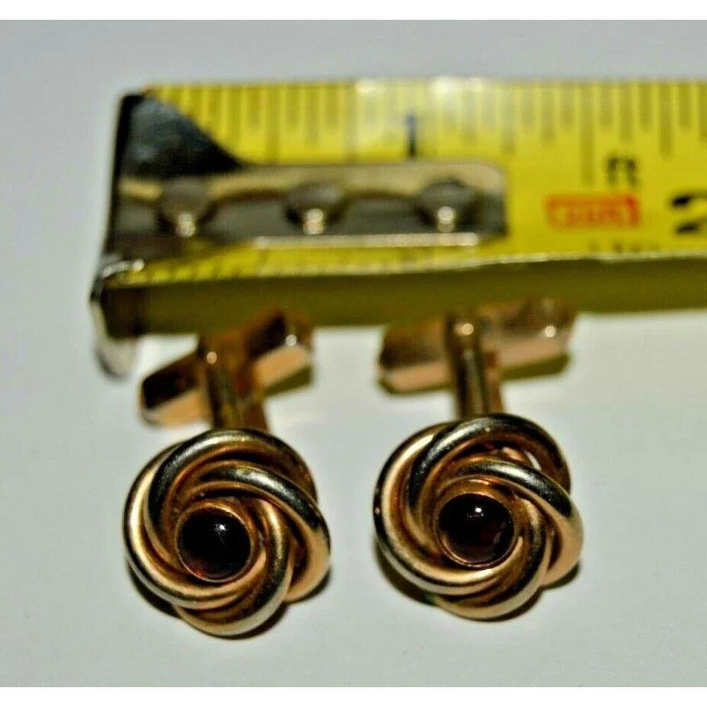 Nice Vintage Round Roped Brass Tone Deep Red Accent Classic Cuff Links RARE
